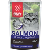 Blitz Sensitive пауч для кошек кусочки в соусе Лосось с индейкой, 24 шт